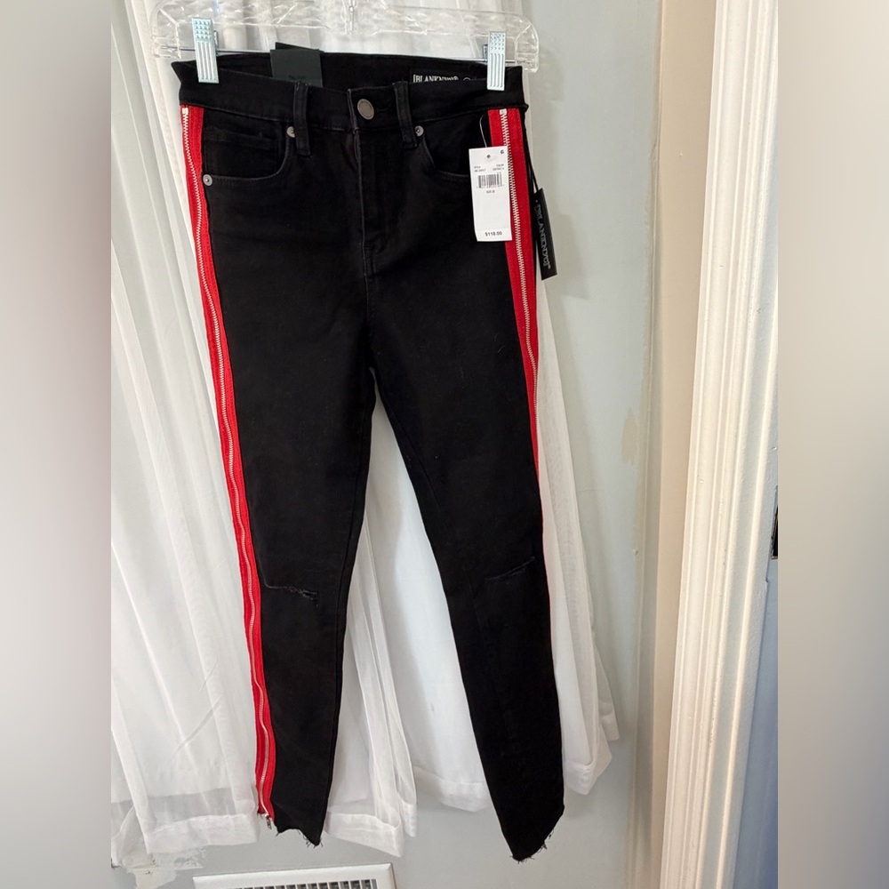 BlankNYC Black Jeans with Red Side Stripes with zippers that open if you like.